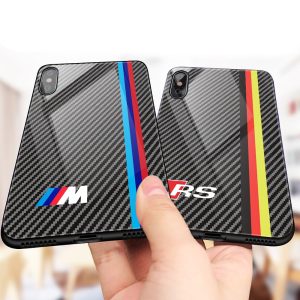 Luxury Motorsport AMG Carbon Fiber Phone Case For iphone X 6 S 6S 7 8 RACING SPORT RS Tempered Glass Racing Car BMW Cover Coque